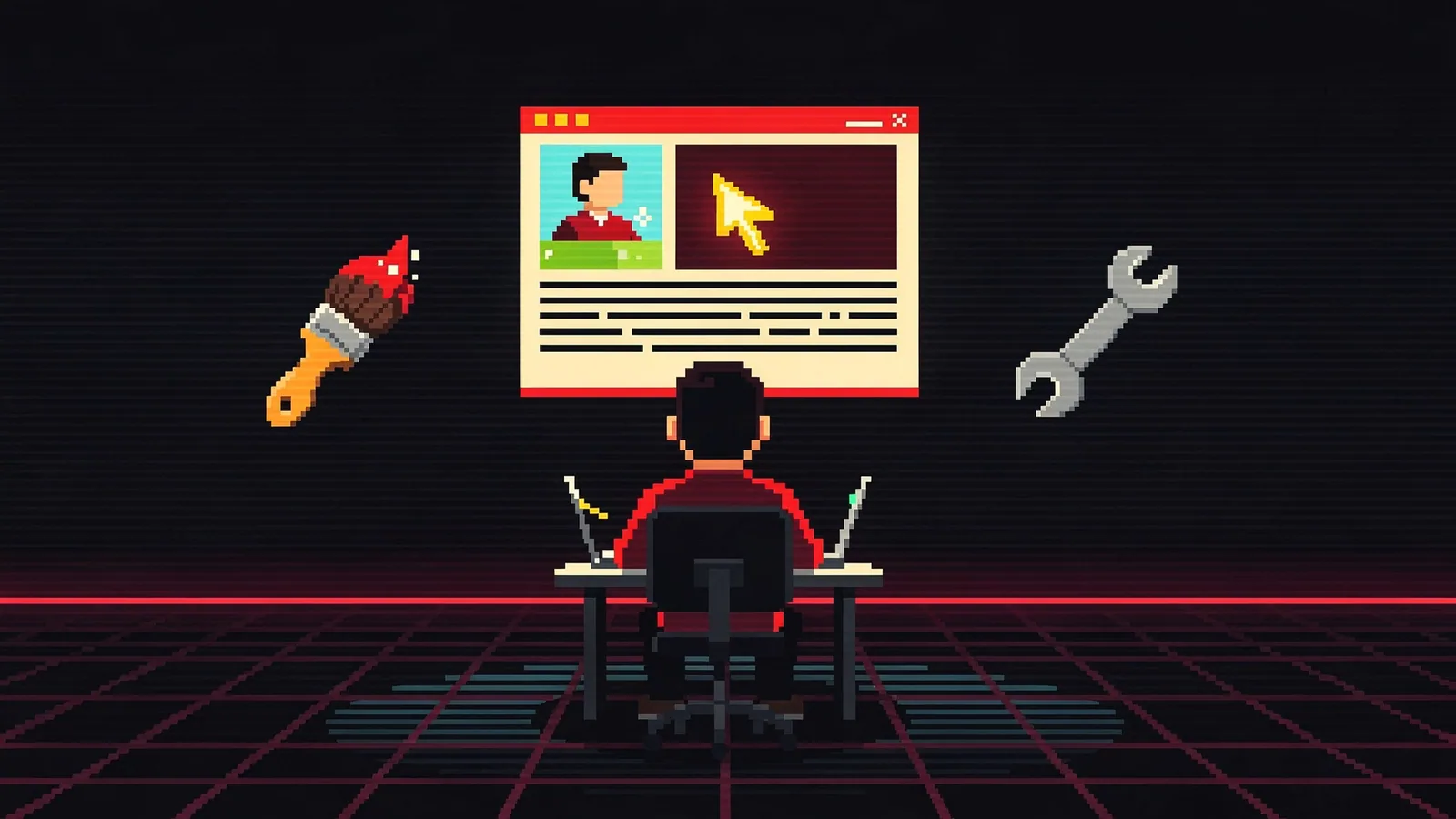 Pixel art of a business owner at a laptop editing their own website, a text cursor and a photo being swapped on screen