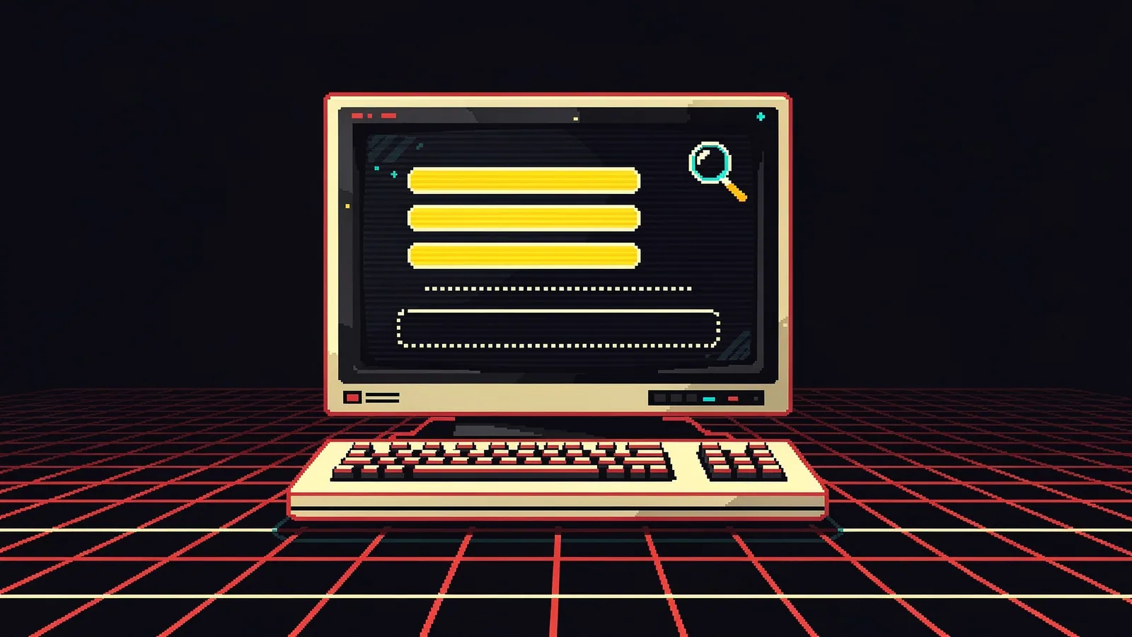 Pixel art of a chat window answering a question with three business names listed and an empty fourth slot, a search magnifier beside it