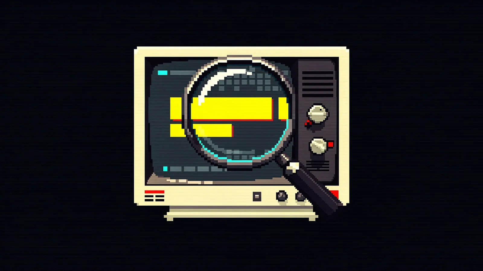 Pixel art of a magnifying glass held over a cream monitor, the lens showing a version number in large yellow digits