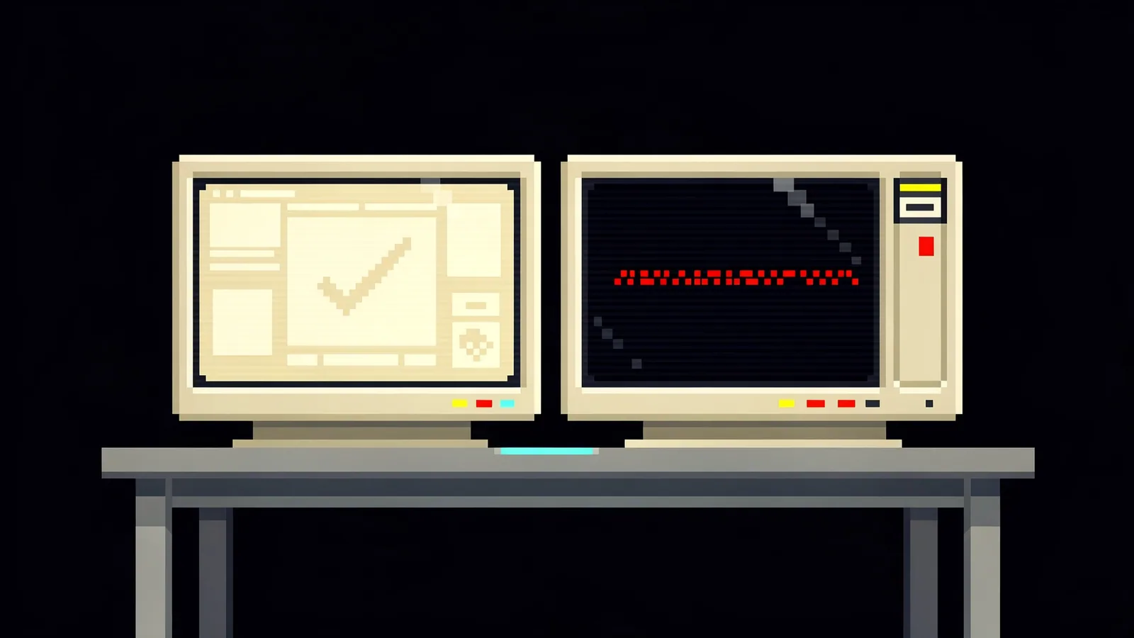 Pixel art of two monitors side by side: one showing a WordPress dashboard with a green updated tick, the other showing a terminal with a PHP version number in red