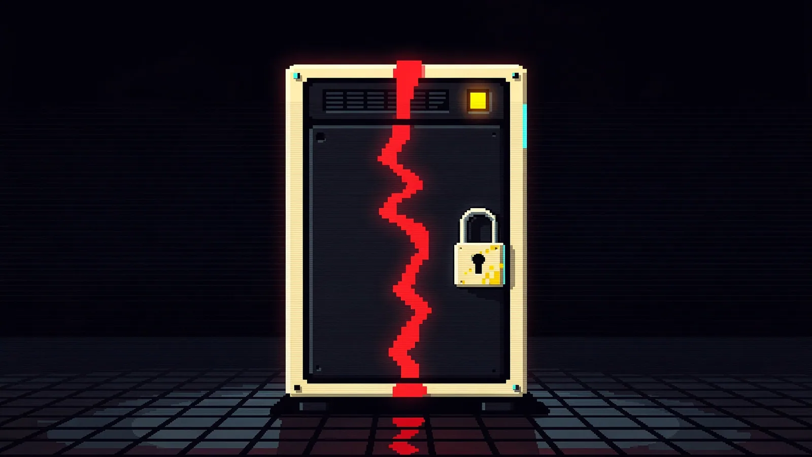 Pixel art of a server rack with one glowing red crack running through it, a warning light above, and a padlock hanging open on the rack door