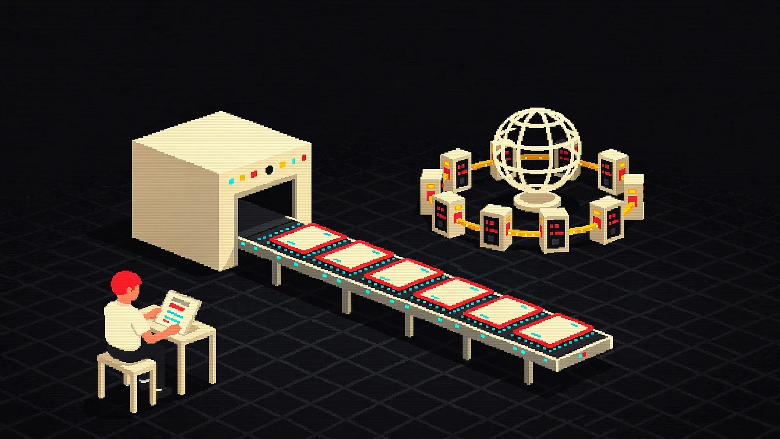 Pixel art of a conveyor belt carrying finished pages out of a small factory to a row of identical kiosks around a globe, while a single technician reads a book