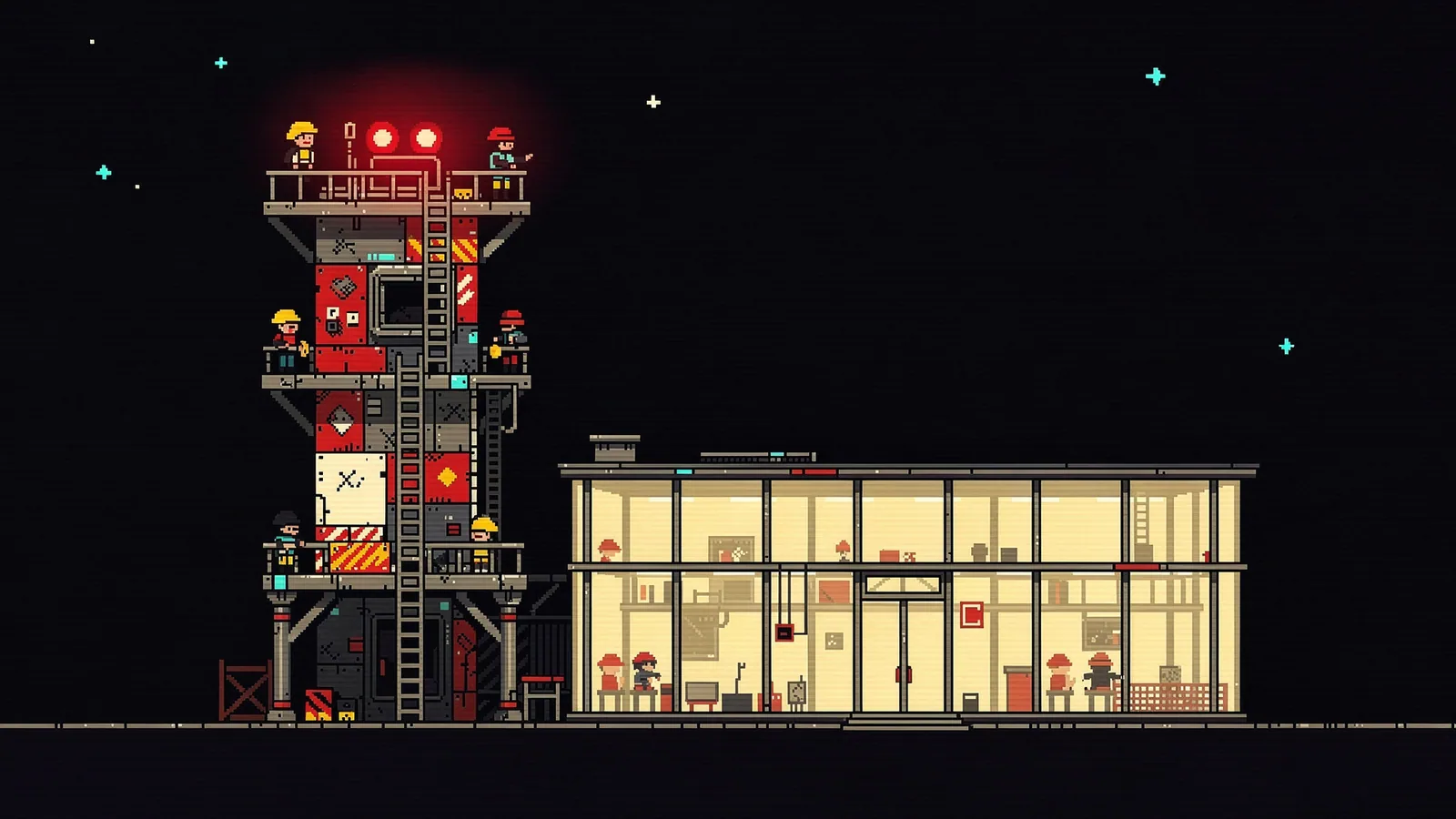Pixel art of two buildings side by side at night: a tall tower covered in patched panels, ladders and warning lights, and a low glass pavilion with the lights on and nobody working