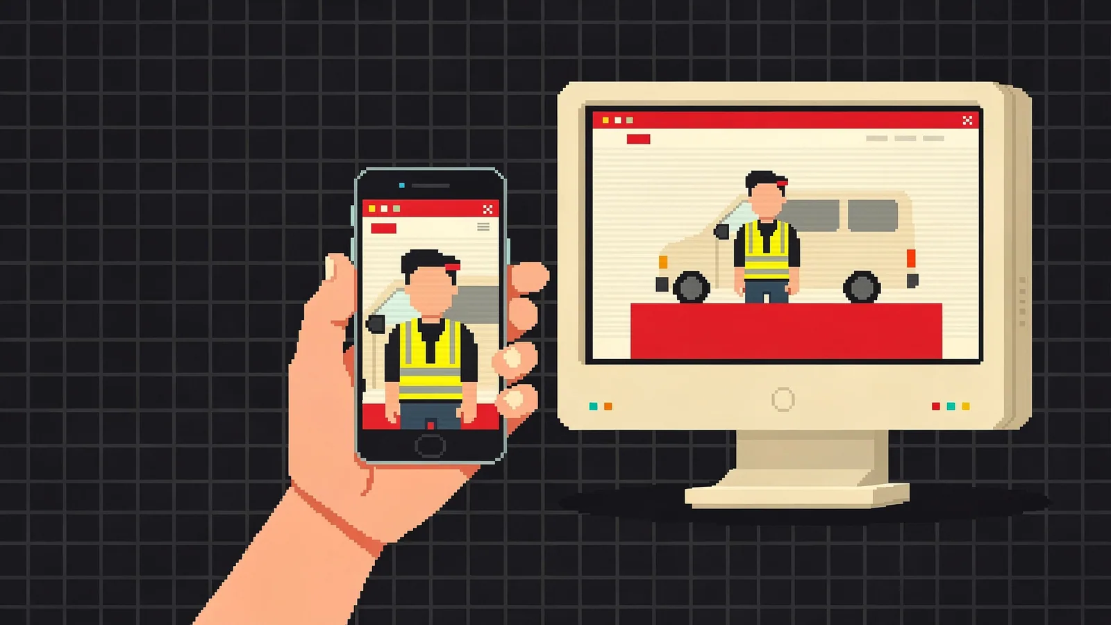 Pixel art of a hand holding a phone with a photo of a tradesperson in a hi-vis vest, and the same photo with his van in the header of a website on a monitor beside it