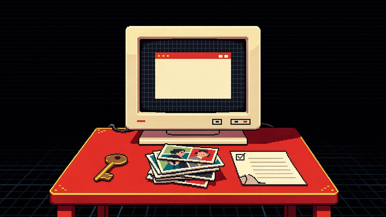 Pixel art of a red desk in front of a cream monitor showing a blank page: a brass key, a stack of photographs and a ticked page of notes laid out on it