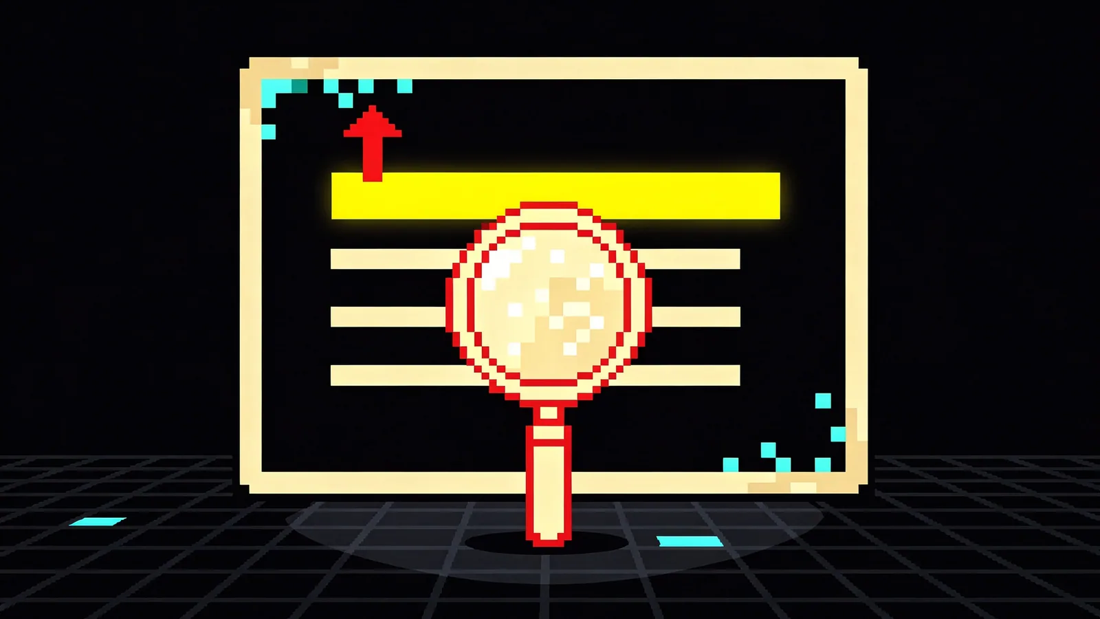 Pixel art search results page with the top result highlighted in yellow and a magnifying glass over it