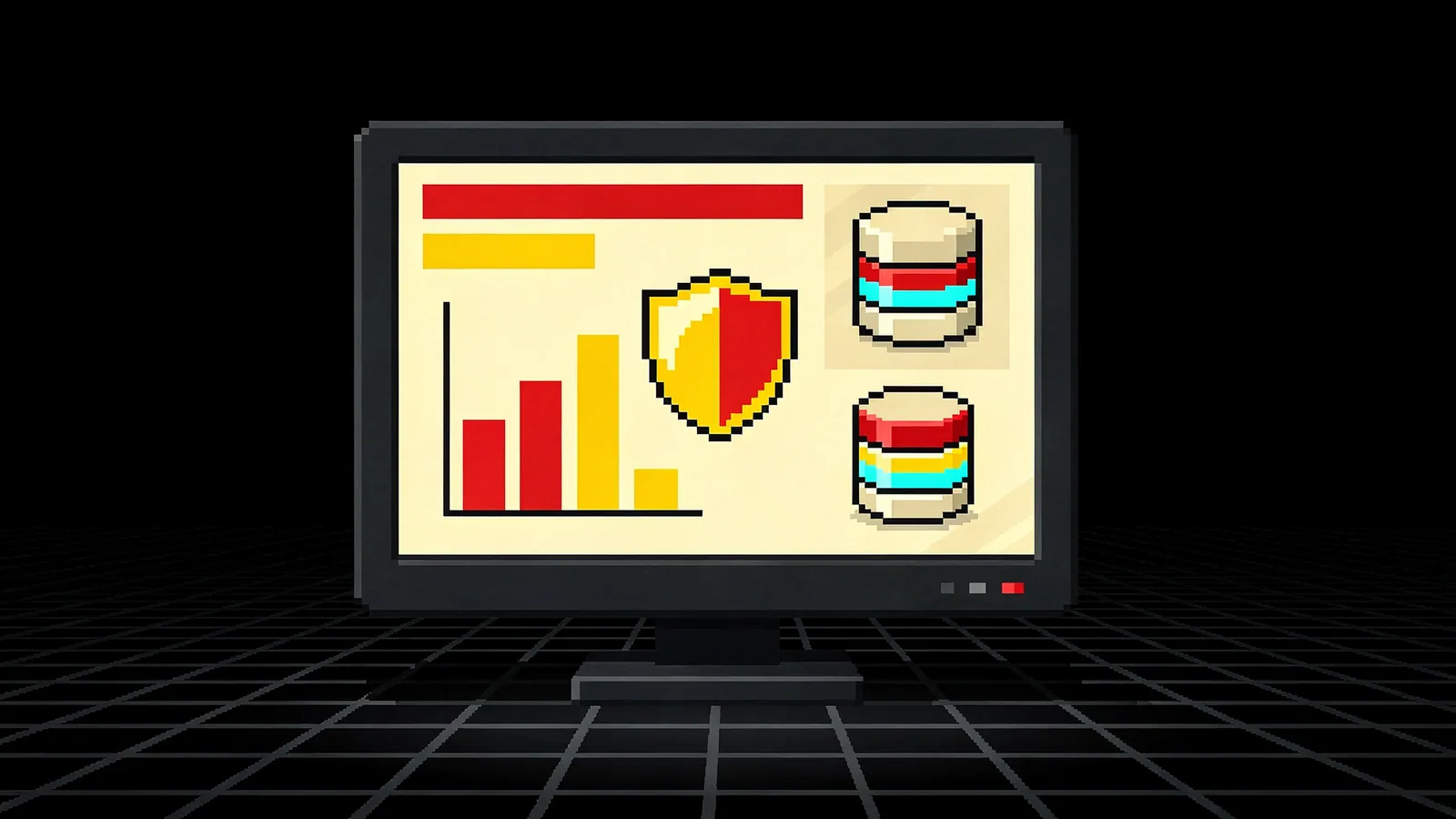 Pixel art dashboard on a cream monitor with red and yellow bar charts and a database beside it